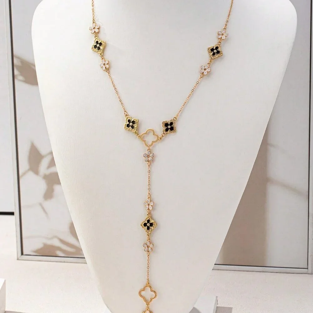 Yellow Gold Sexy Women's Lucky 5-Petal Flower Y-Shaped Long Necklace
